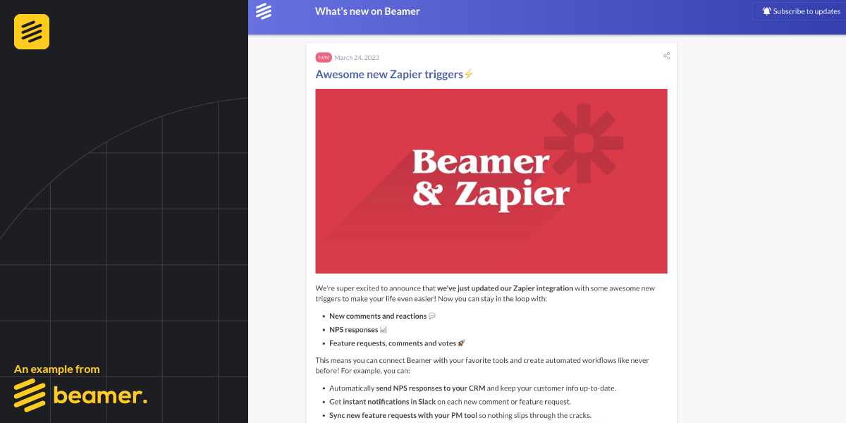 Software release notes example: beamer and Zapier
